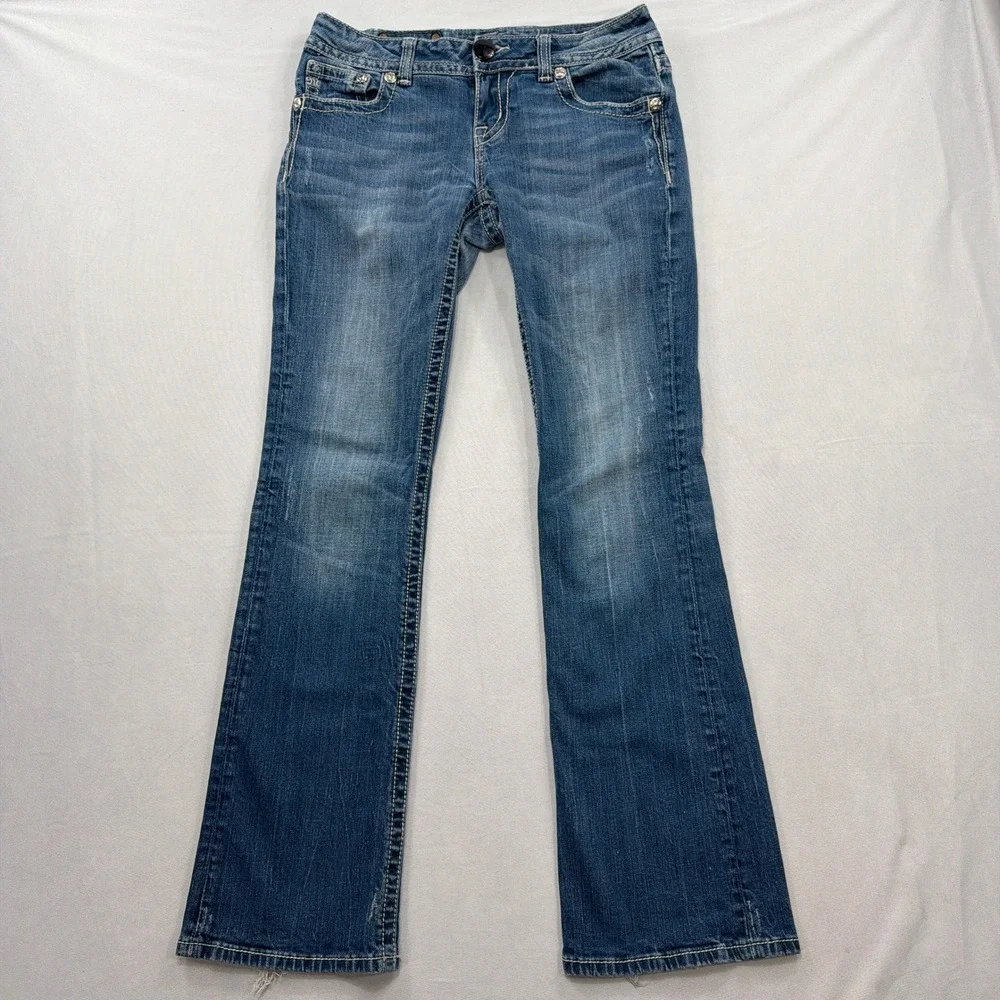 Miss Me Jeans Easy Boot Embroidered Rhinestone Blue Denim Womens 27